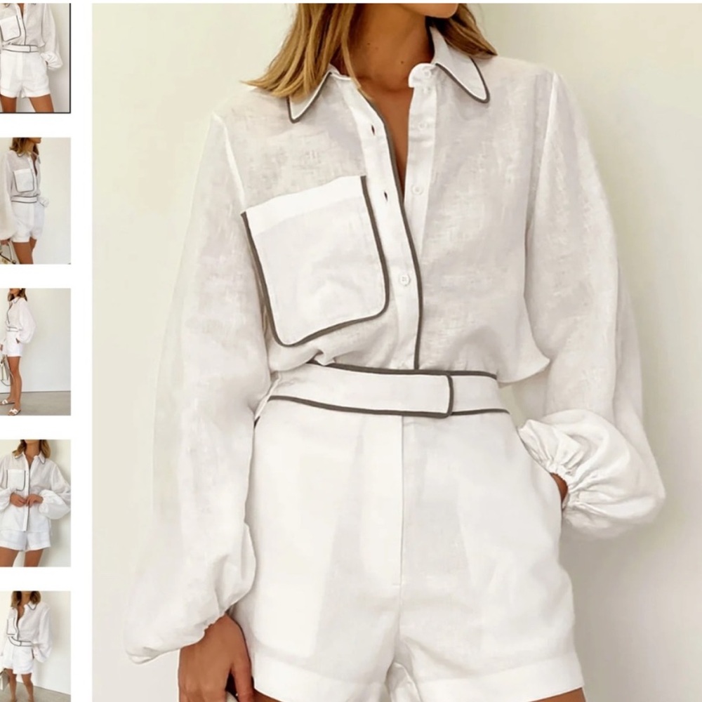 Commense Cream Blouse Long Bubble Sleeve Gray Trim Large Patch Pocket Oversized